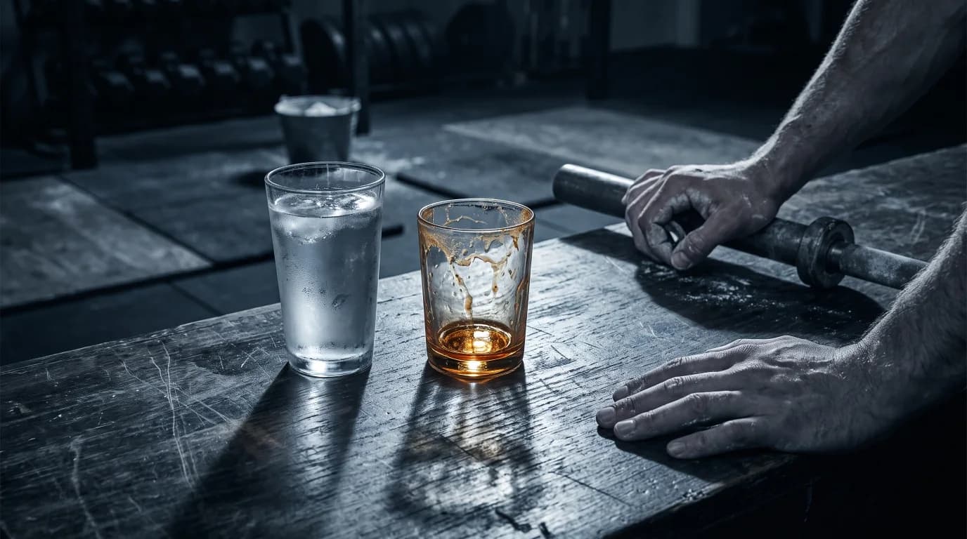 A glass of water beside an empty juice-stained tumbler on a bar top