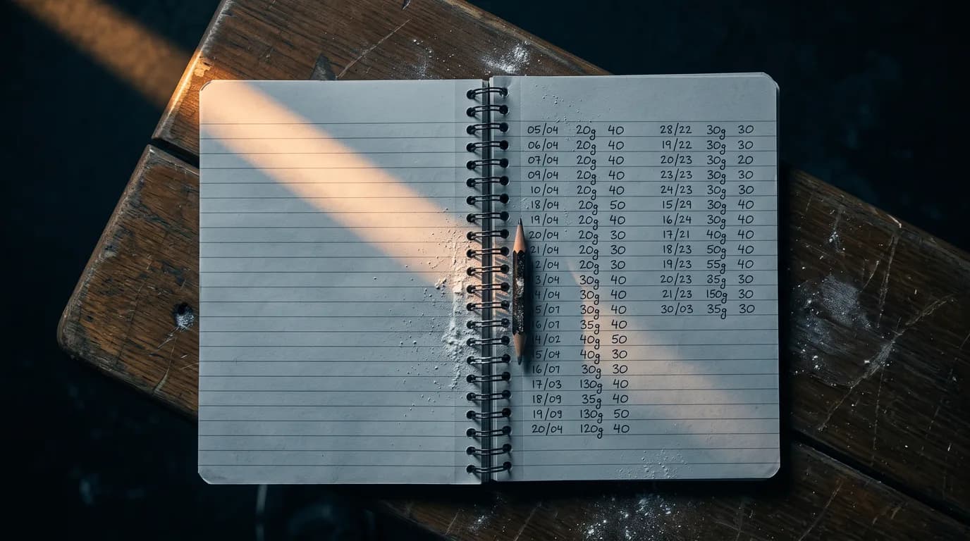 A spiral notebook of dated training entries beside a pencil, lit by a shaft of light
