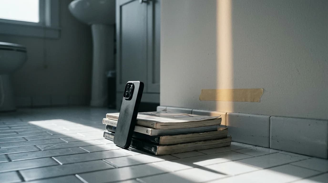 A phone propped on books facing a bare bathroom wall