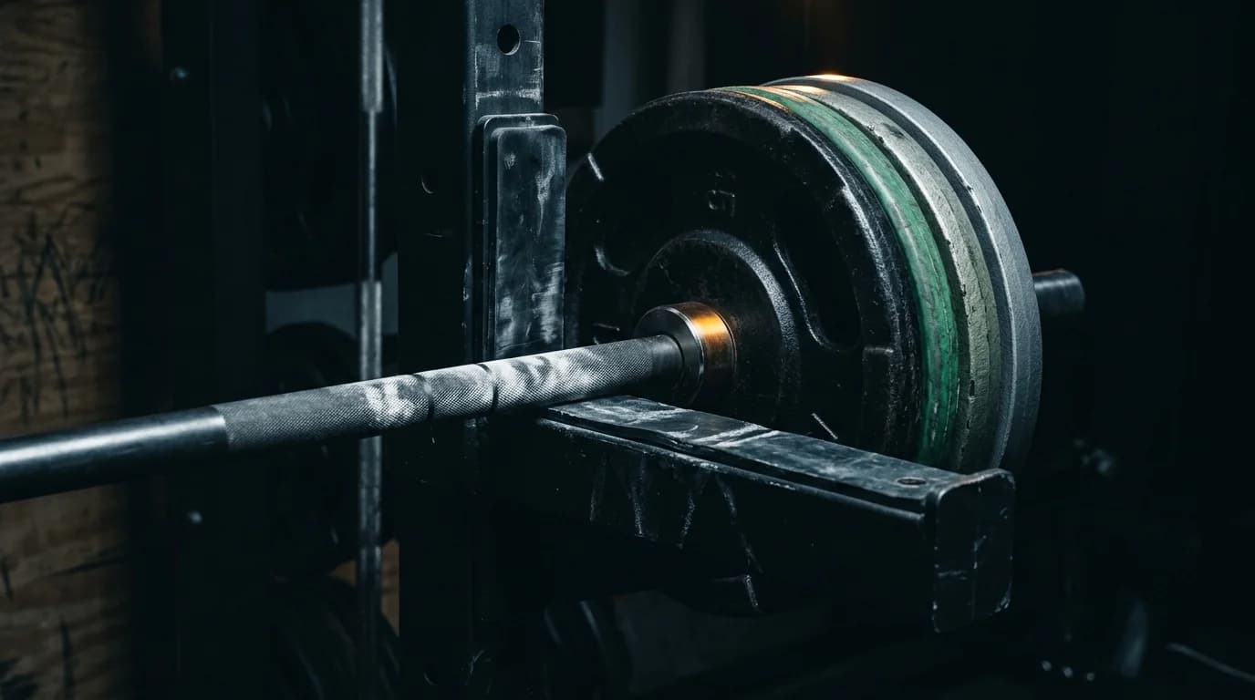 Chalked barbell in a rack loaded with slightly mismatched plates
