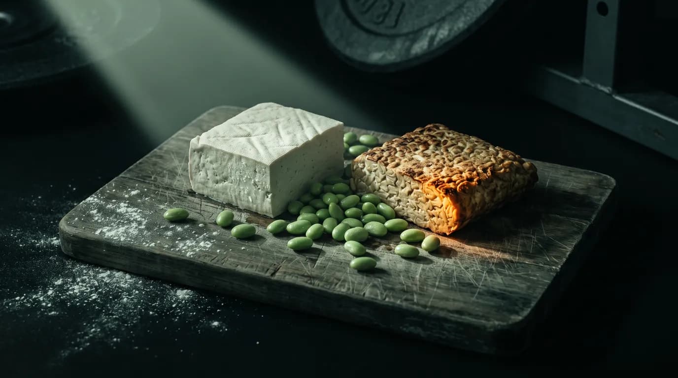 Blocks of tofu and tempeh on a wooden board