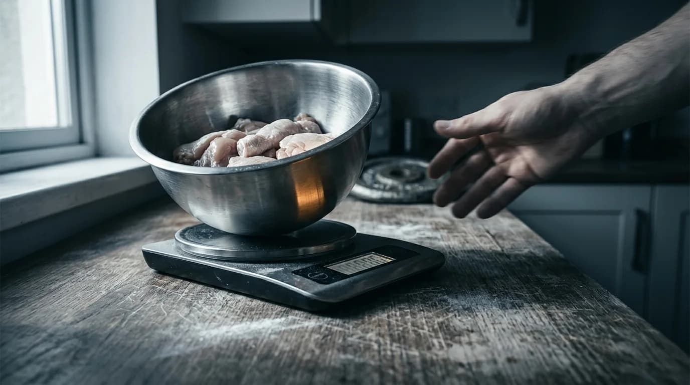 A kitchen scale on a worktop lit hard from a window