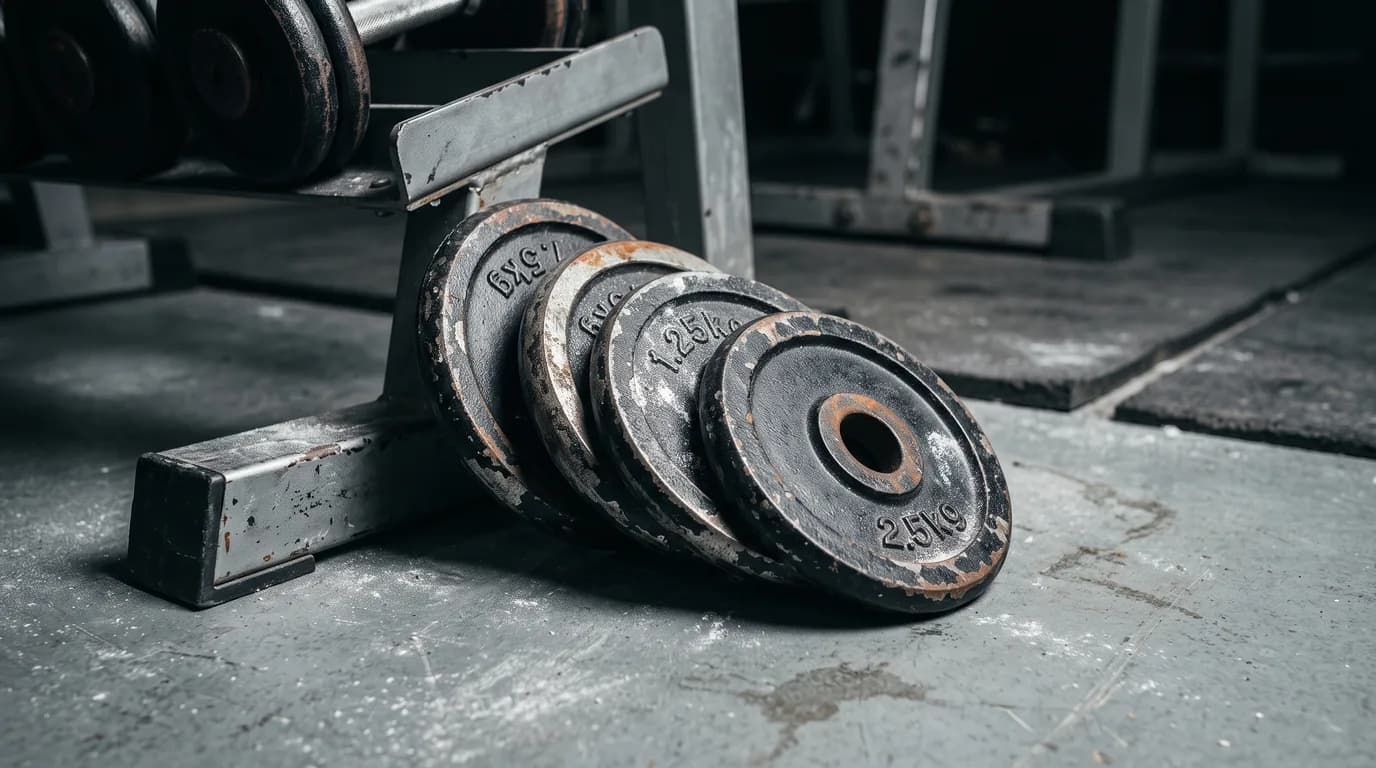 Small change plates stacked beside a dumbbell rack