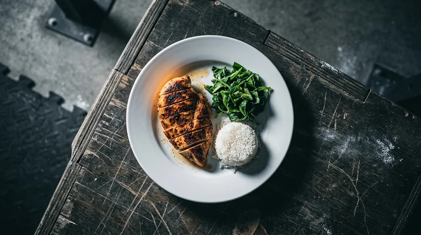 A plate of chicken, rice and greens shot from above