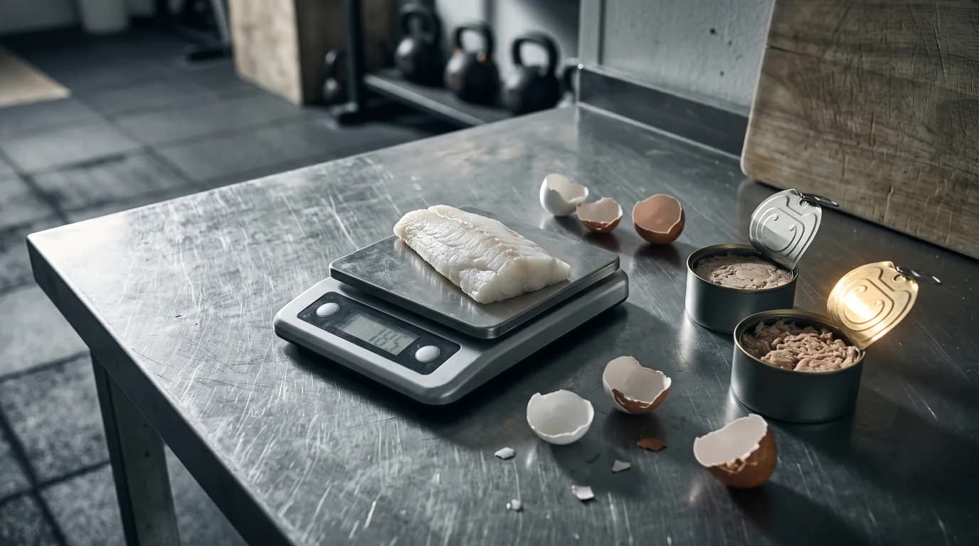 Fish fillets and tinned tuna on a kitchen scale