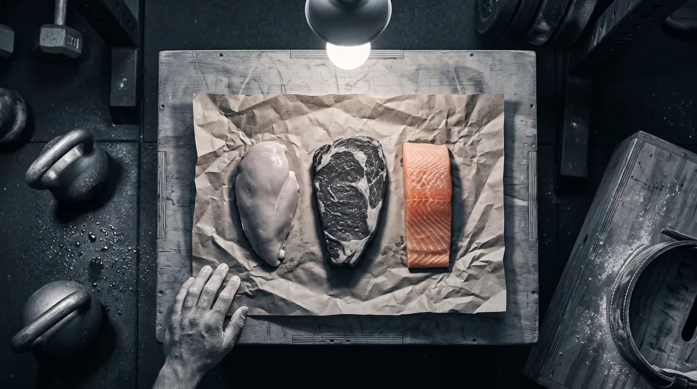 Raw chicken, beef and salmon laid out on butcher paper