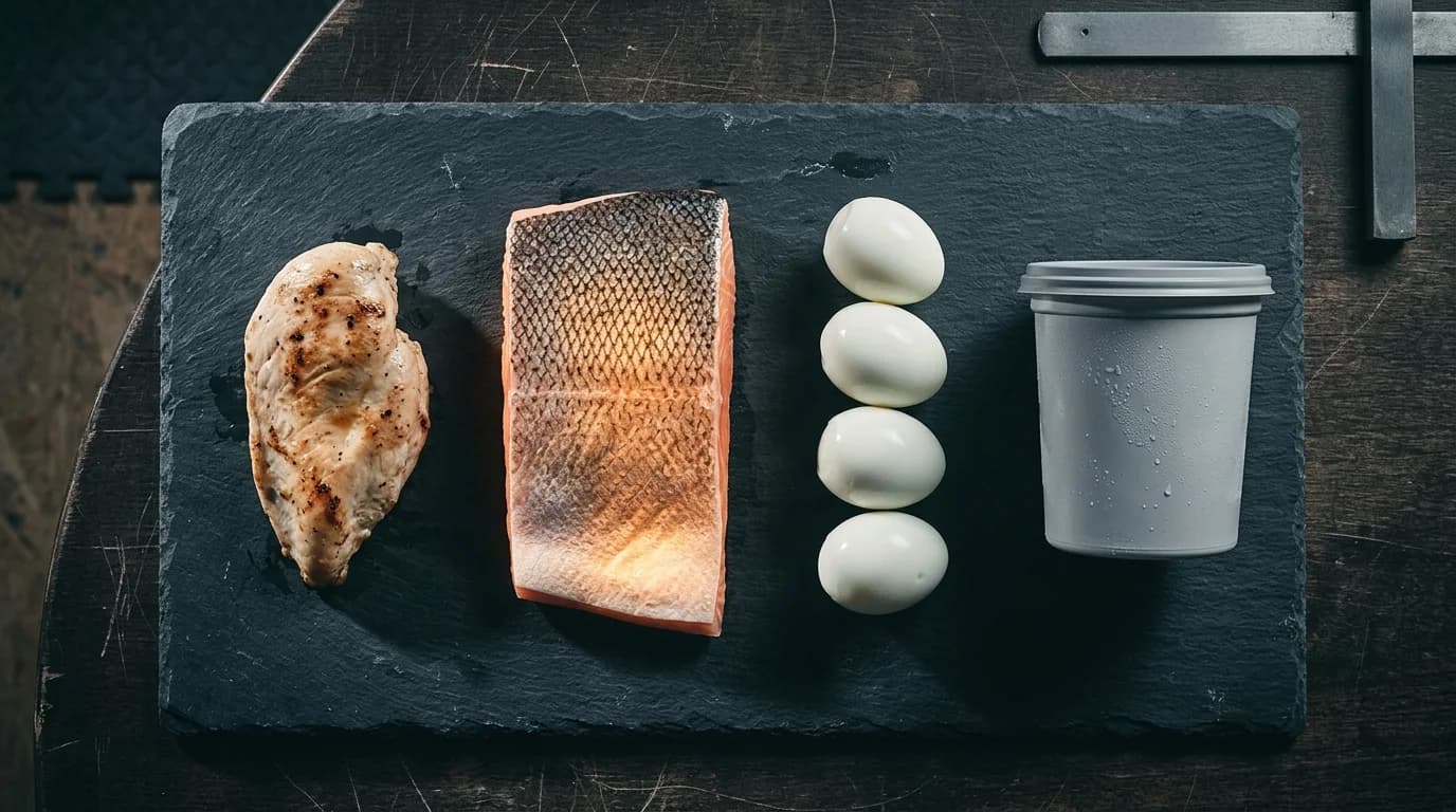 Chicken breast, salmon, boiled eggs and a yogurt tub in a row on dark slate