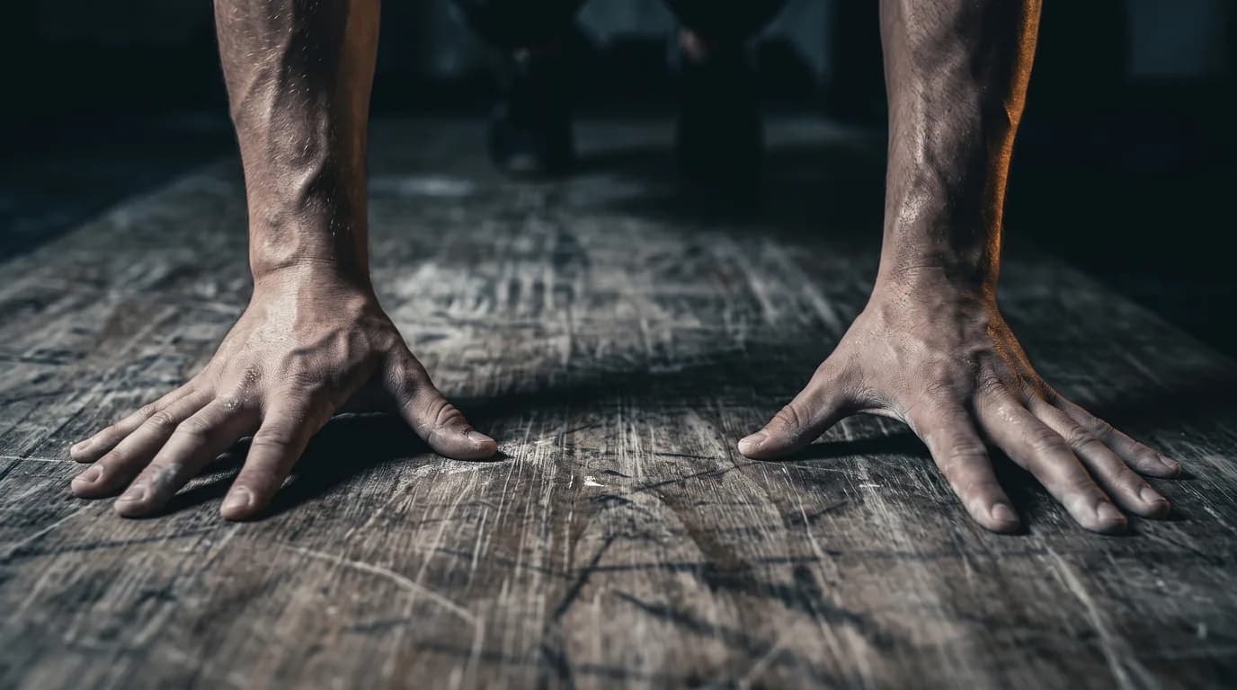Hands planted on a wooden floor in a push-up position