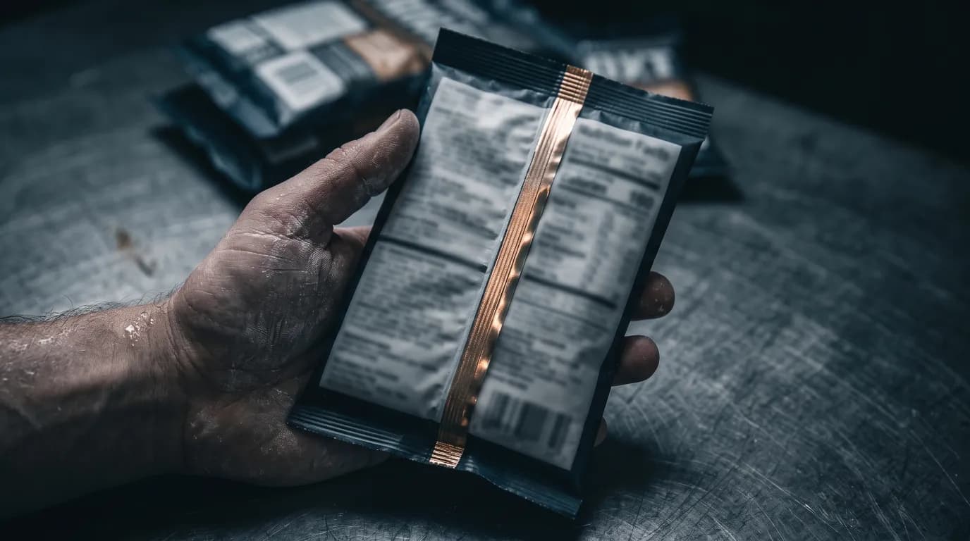 A food packet turned over to its back panel under hard light