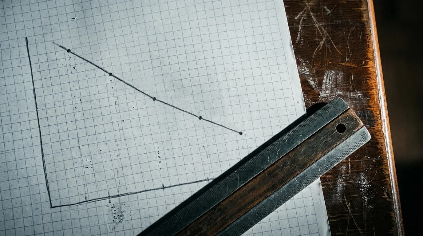 Hand-drawn descending line graph in pencil on graph paper with a ruler across the corner