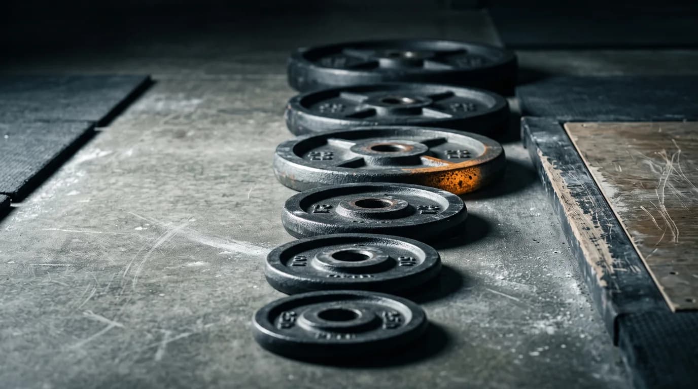 Iron plates arranged smallest to largest on a concrete floor