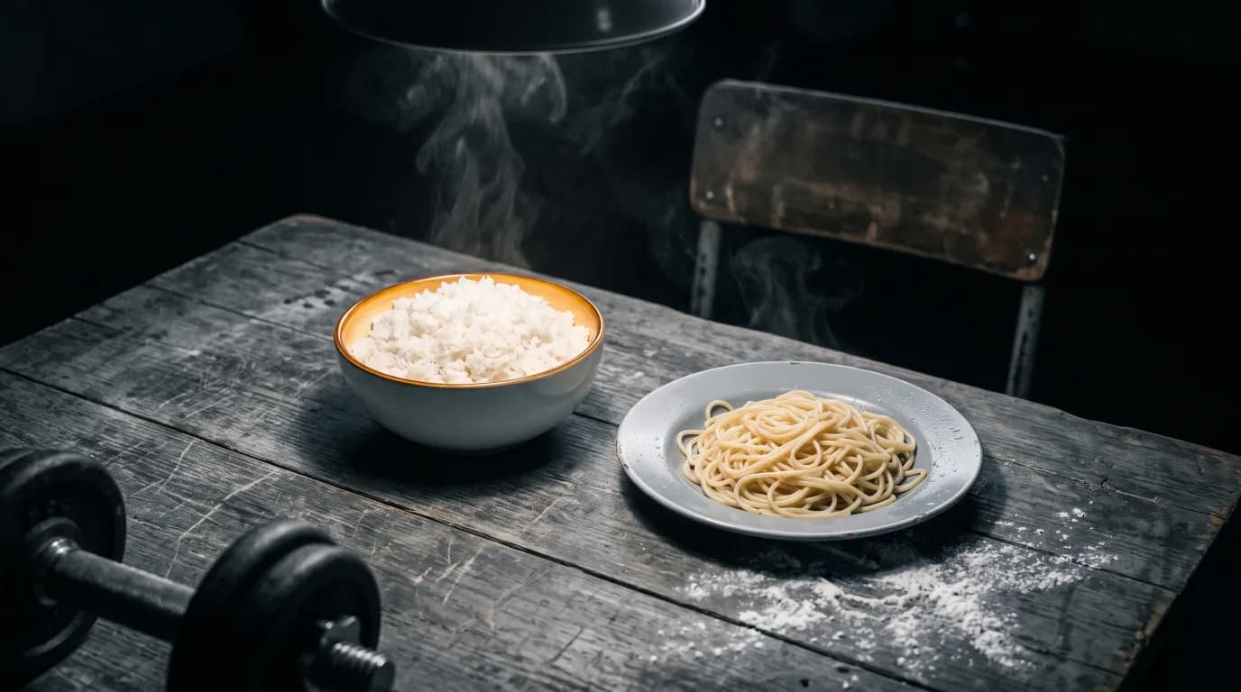 A large bowl of rice on a bare table under one lamp