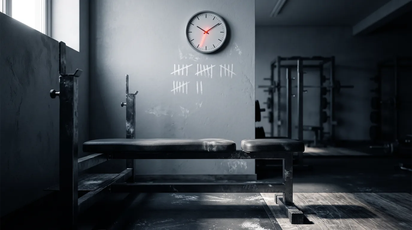 A gym wall clock above an empty bench