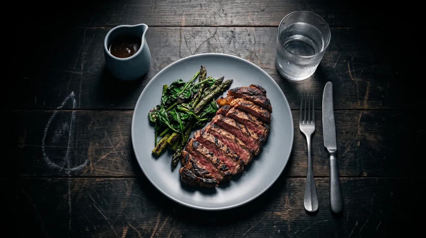 A restaurant table with a grilled main and a jug of sauce beside it