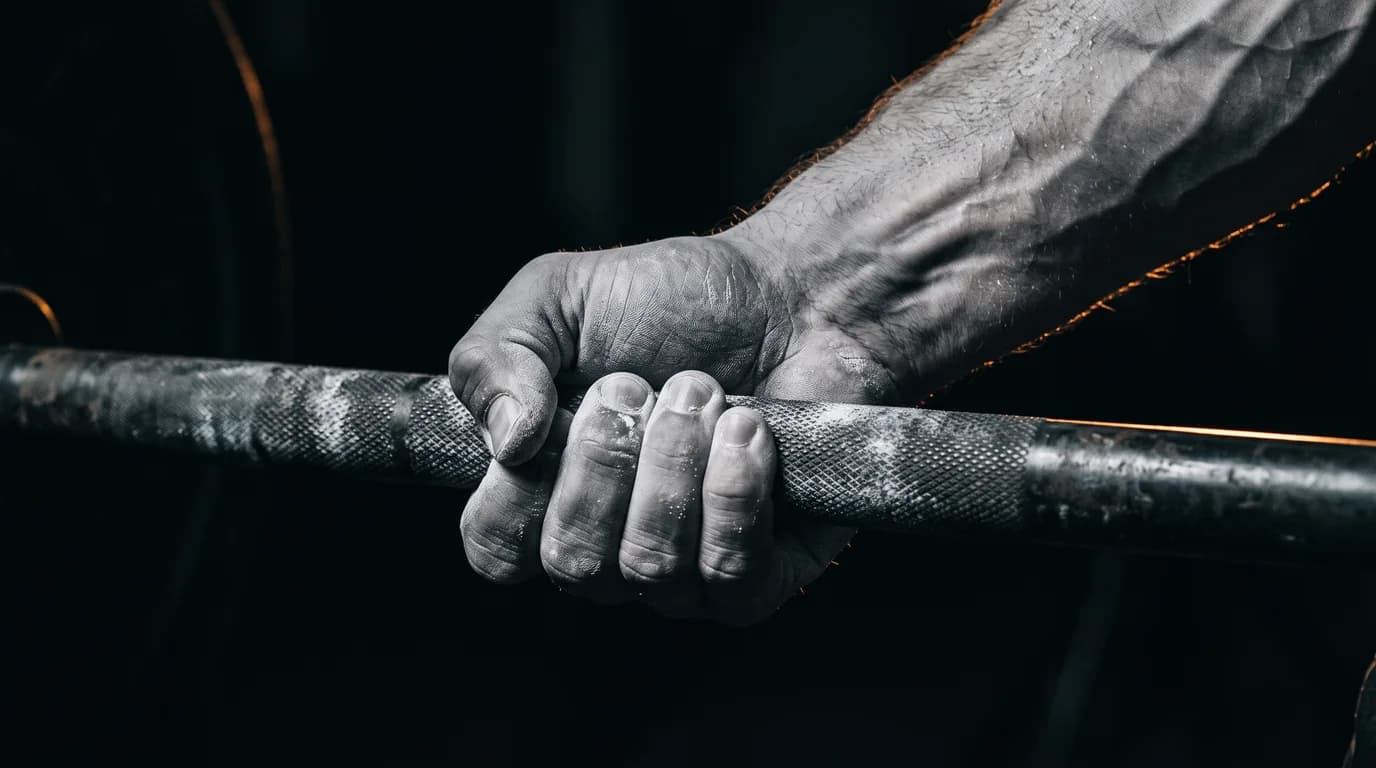 A hand gripping a knurled barbell mid-set