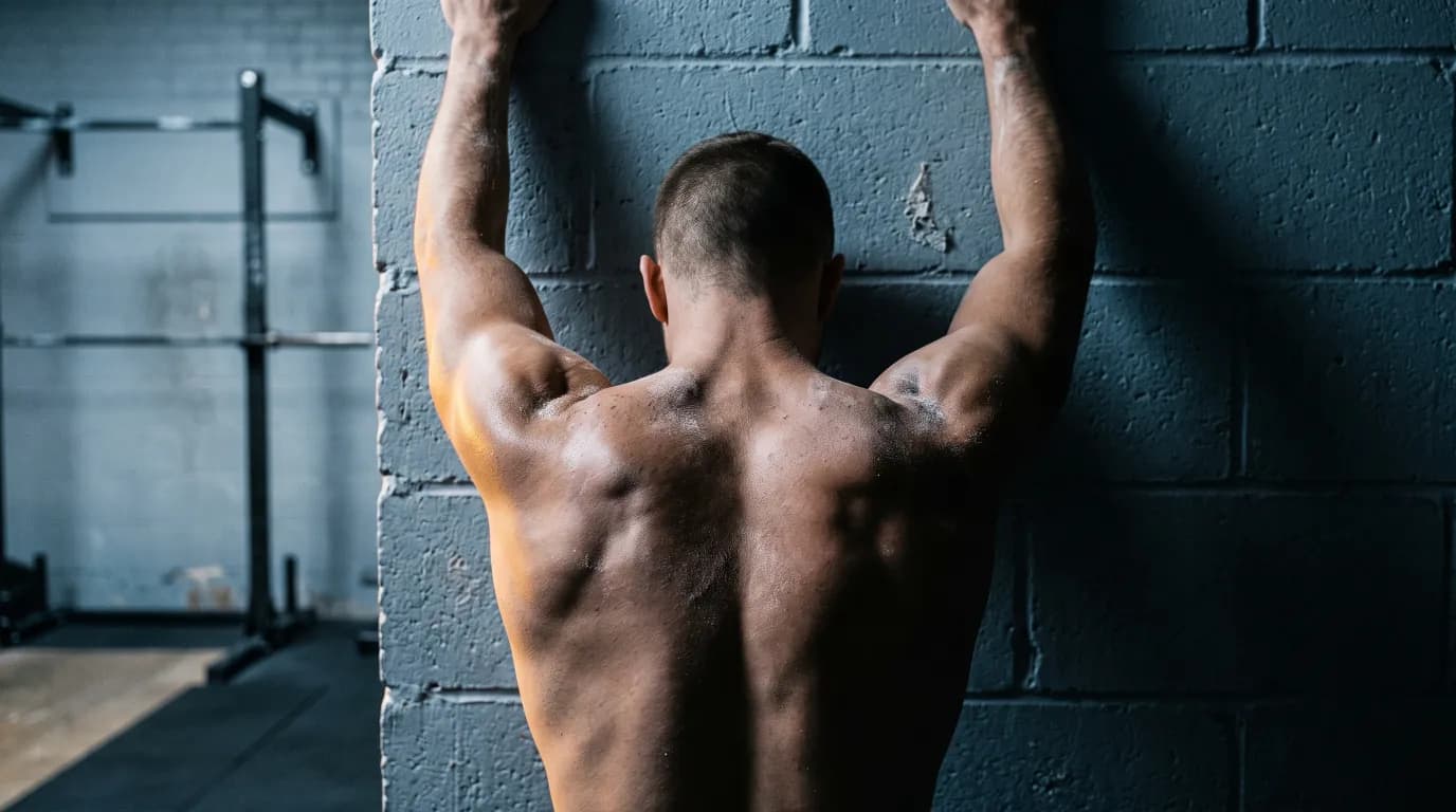 A lifter's shoulders and upper back against a brick wall