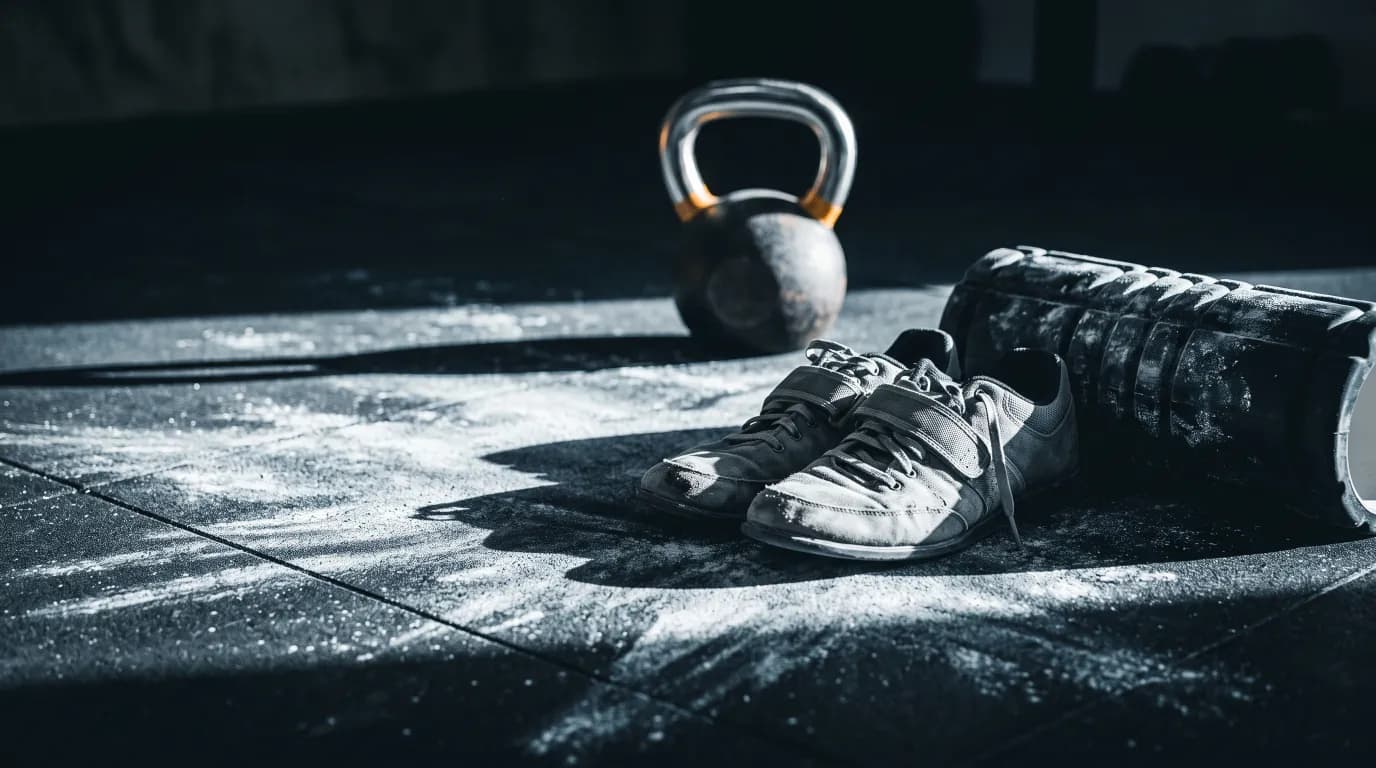 Worn trainers and a foam roller on a chalk-dusted gym floor