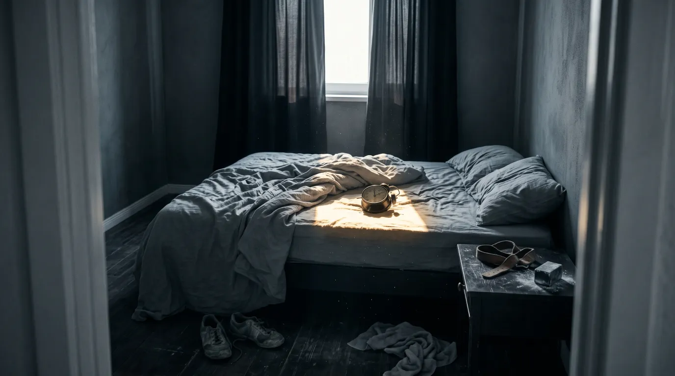 An unmade bed lit by hard midday sun