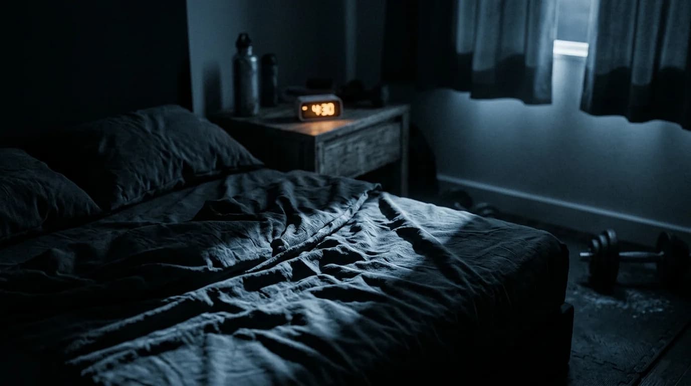 Dark pre-dawn bedroom with rumpled sheets and a glowing alarm clock reading 4:30