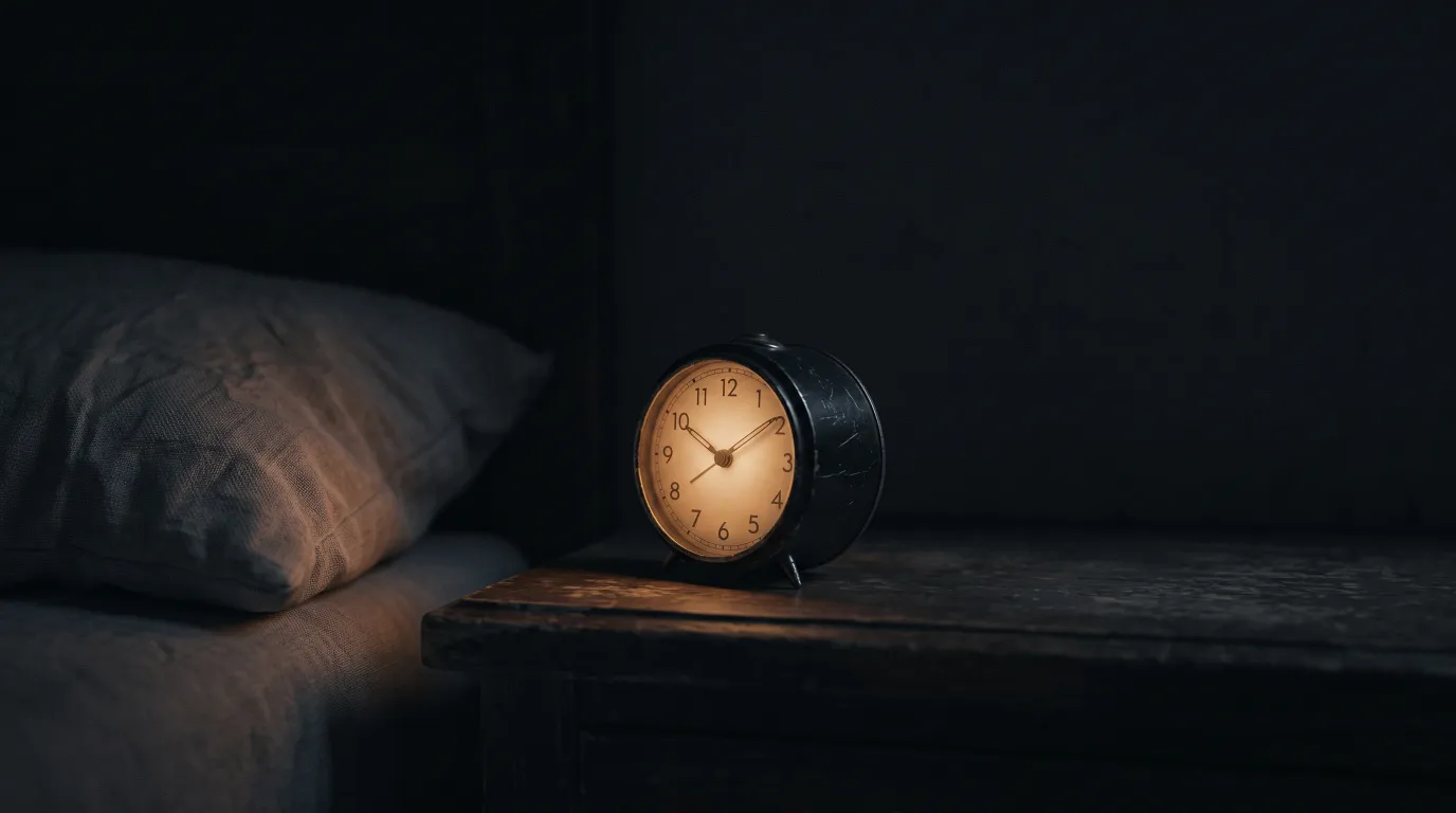 A bedside clock glowing in a dark bedroom