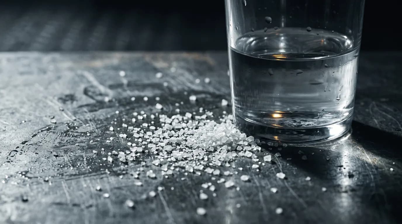 Spilled salt beside a glass of water on dark steel