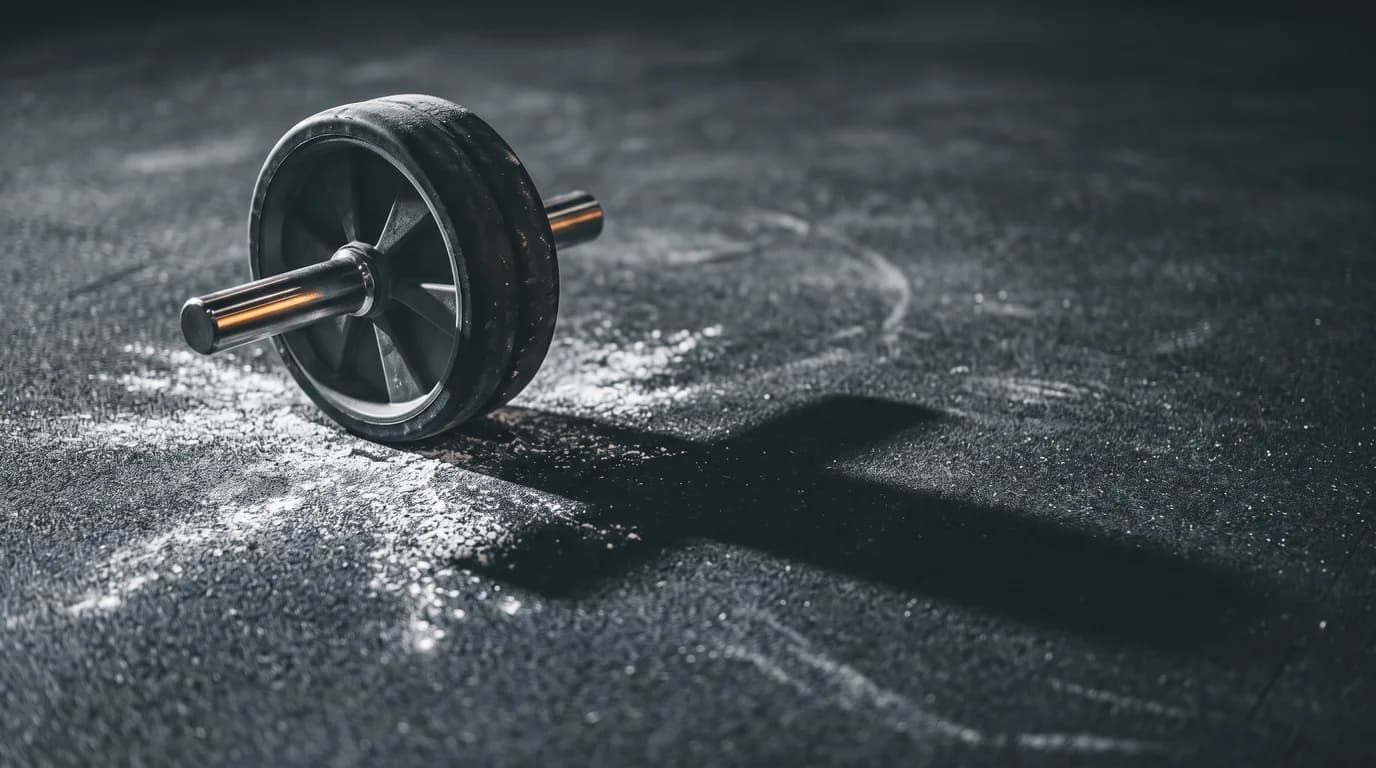 An ab wheel and scattered chalk on dark gym flooring
