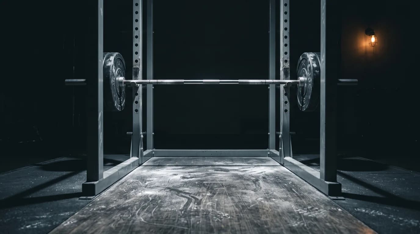 An empty squat rack with chalk dust on the platform