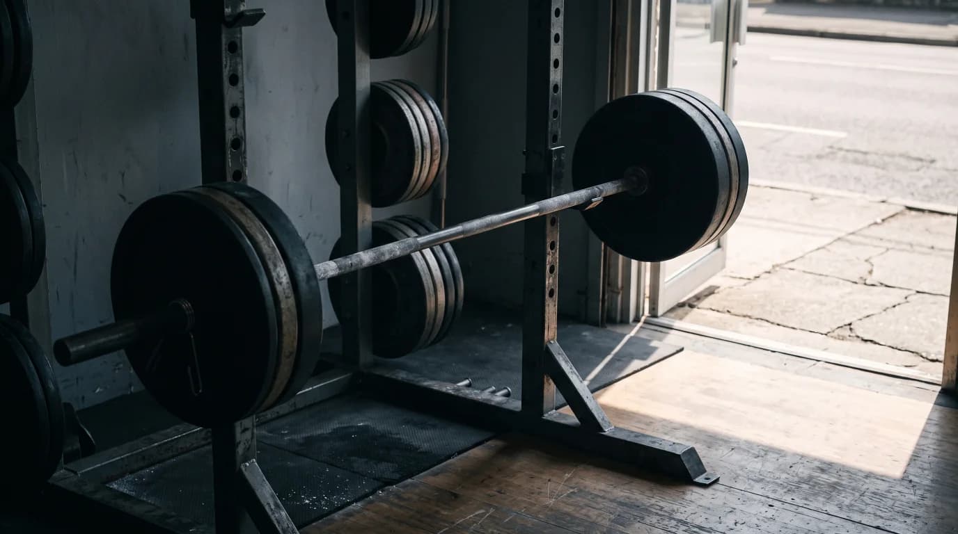A racked barbell in a dim gym with daylight spilling through the door