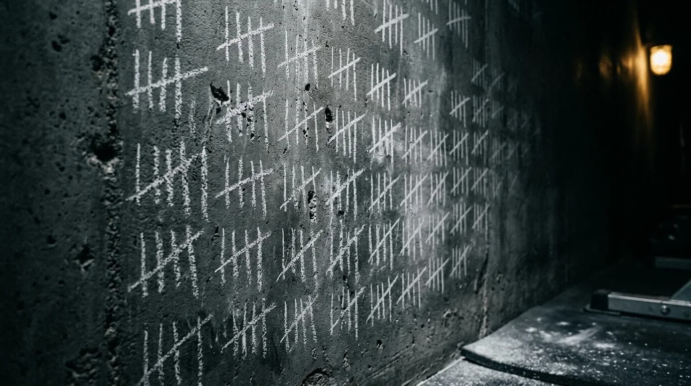 Dozens of chalk tally marks in groups of five on a dark concrete wall