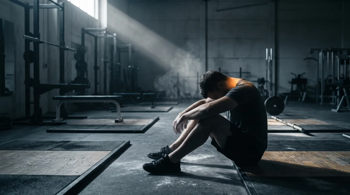 A lifter sitting on the gym floor between sets, head down