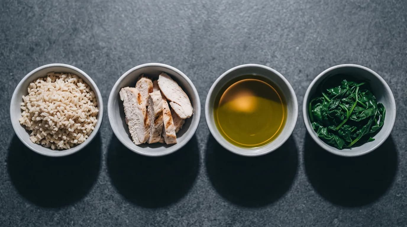 Four small bowls of food in a row on a dark worktop