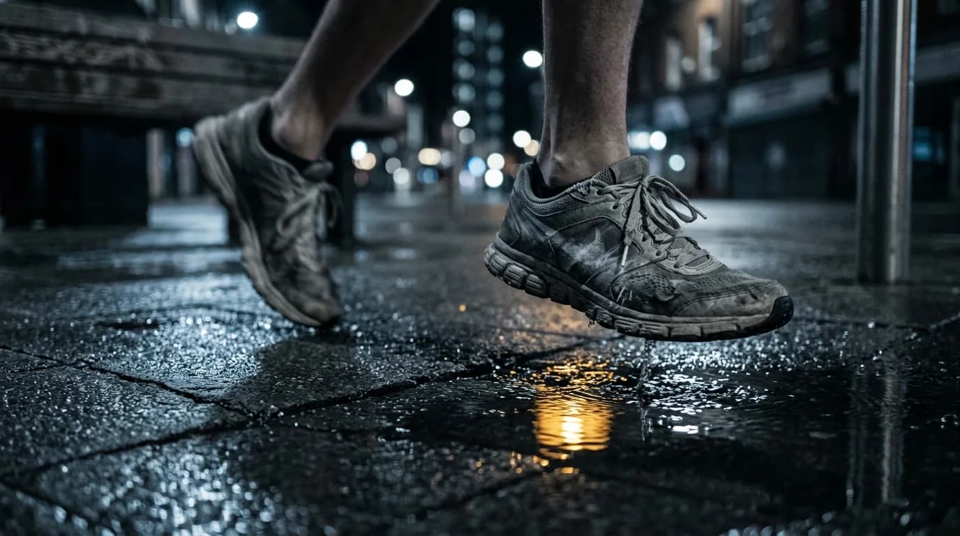 Trainers mid-stride on wet pavement under streetlight