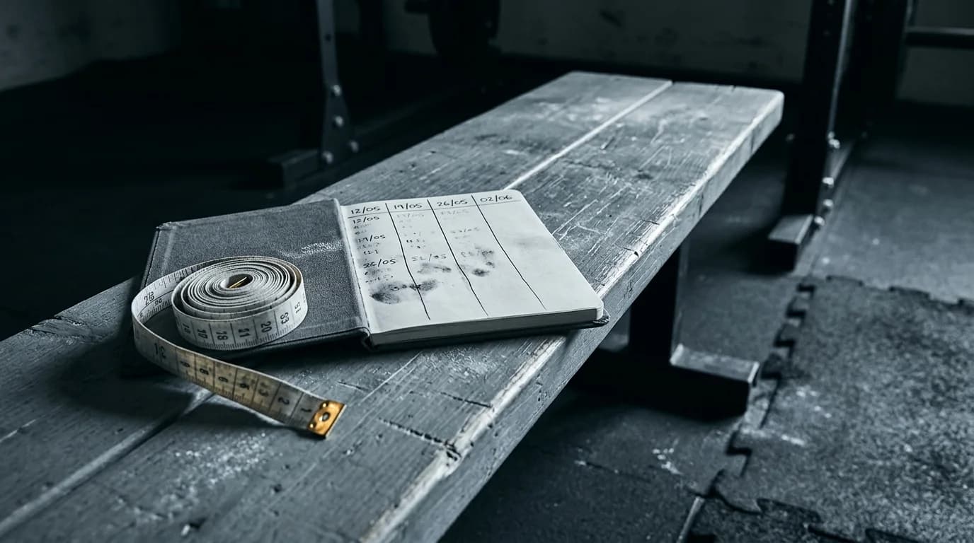 Coiled tape measure on a gym bench beside a notebook ruled into four dated columns