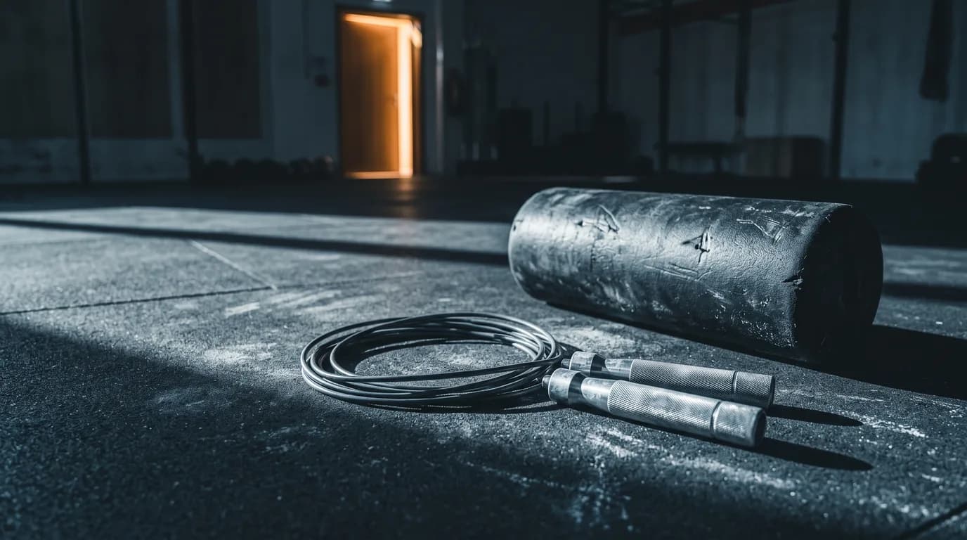 A jump rope and foam roller on gym flooring