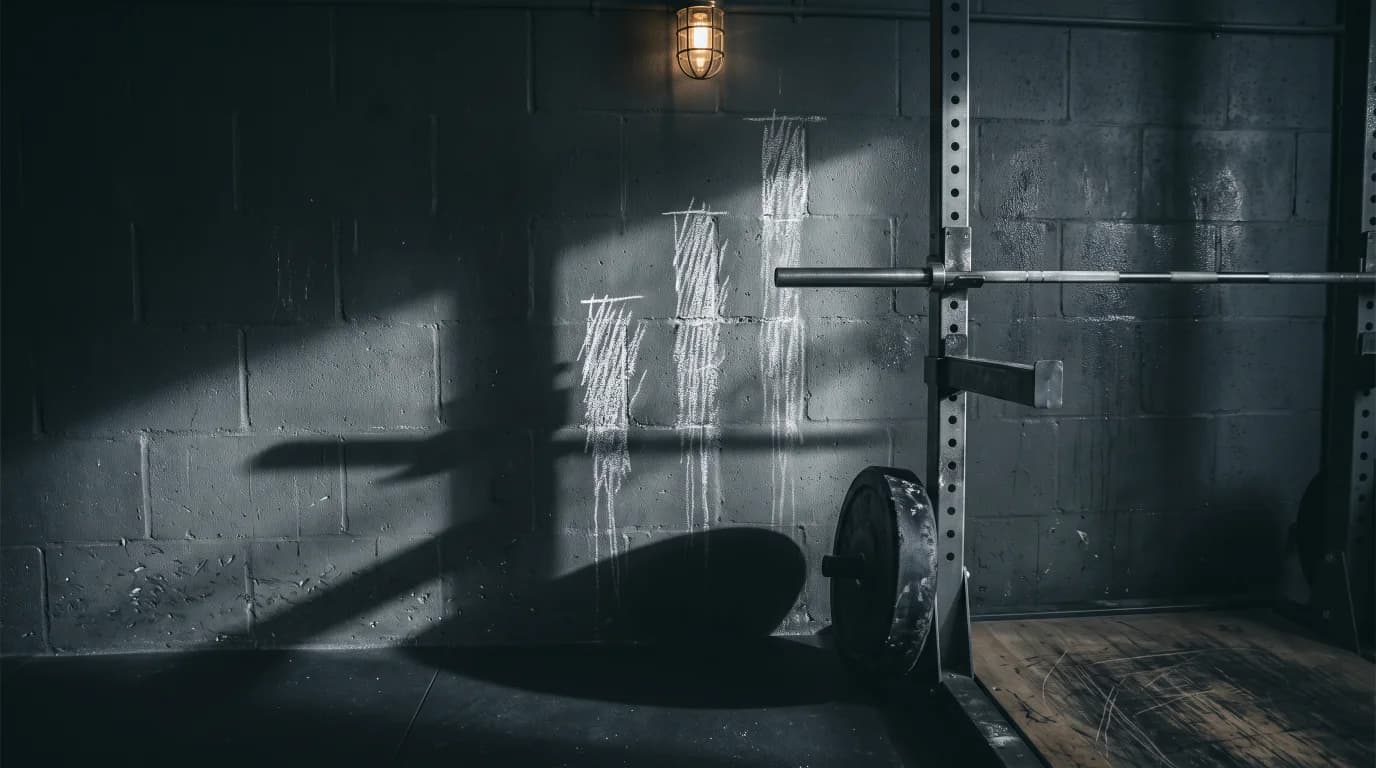 Three chalk marks of increasing height on a dark gym wall