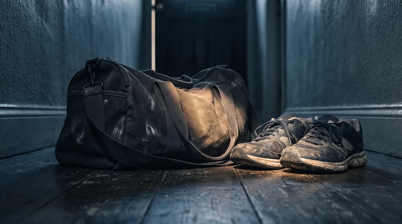 A packed gym bag by a front door in early light