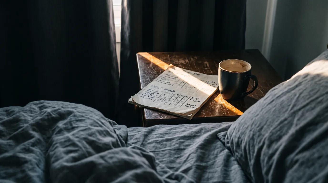 A mug of tea and a folded training plan on a bedside table