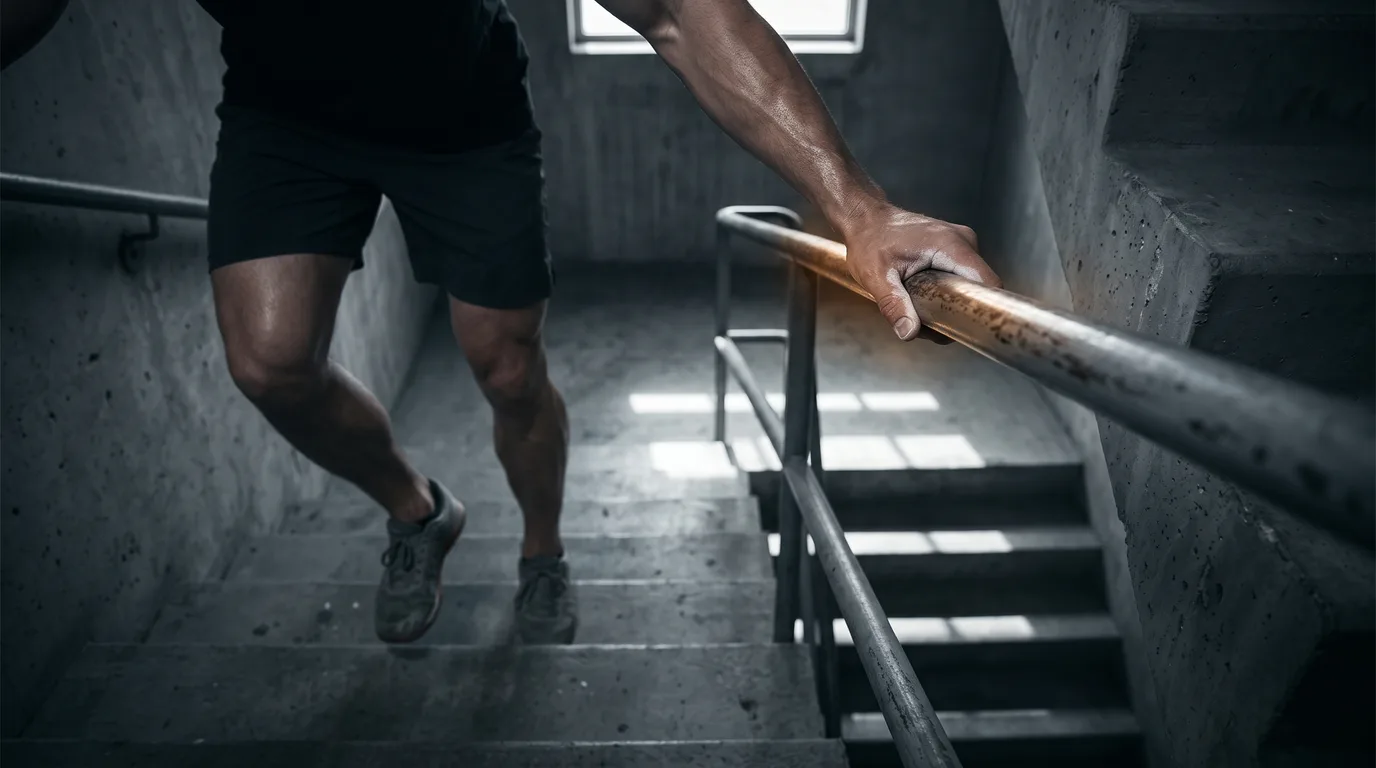 A hand on a stairwell handrail, legs mid-step below
