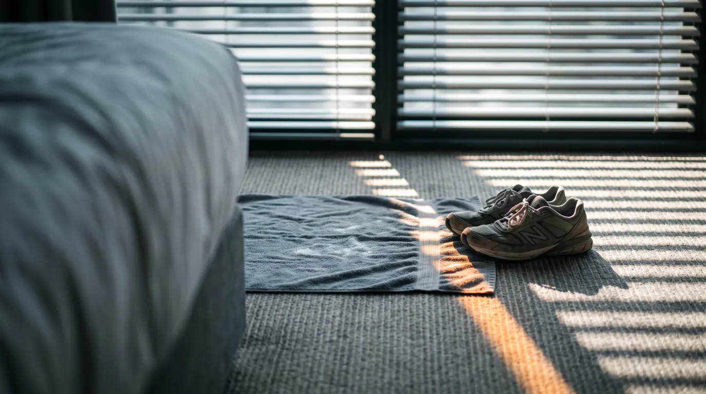 A towel laid out as a mat beside trainers on a hotel room floor