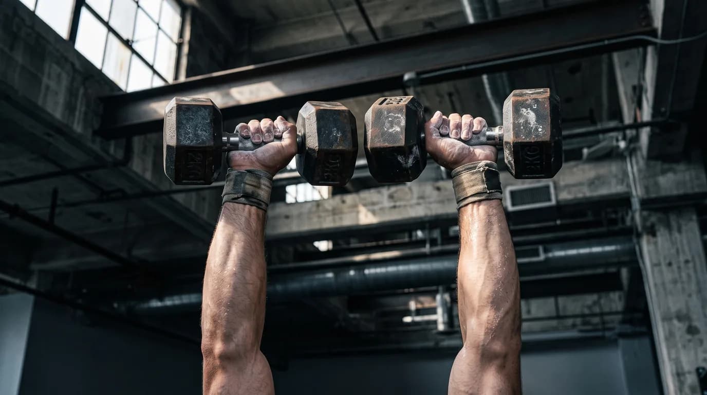 A pair of dumbbells pressed overhead at lockout