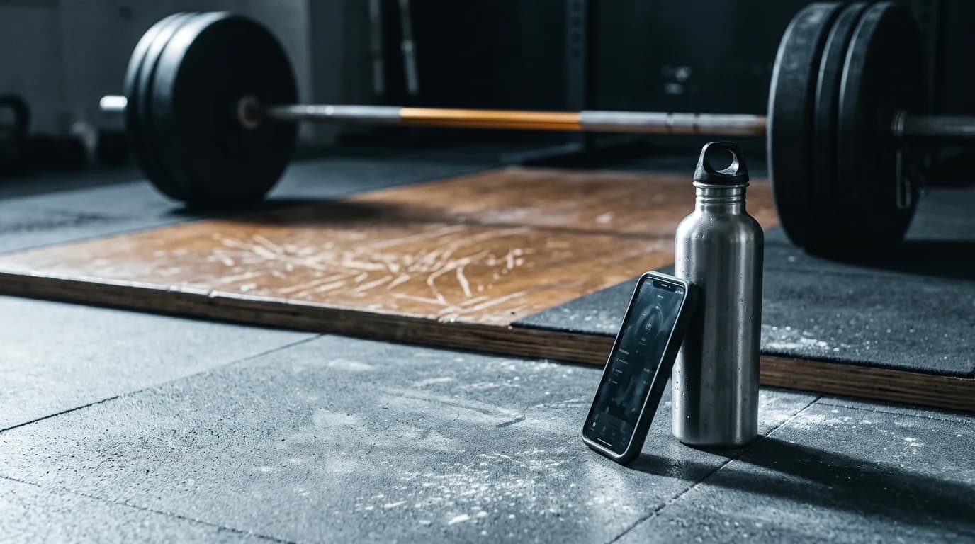 A phone propped on a gym floor, a loaded barbell behind it