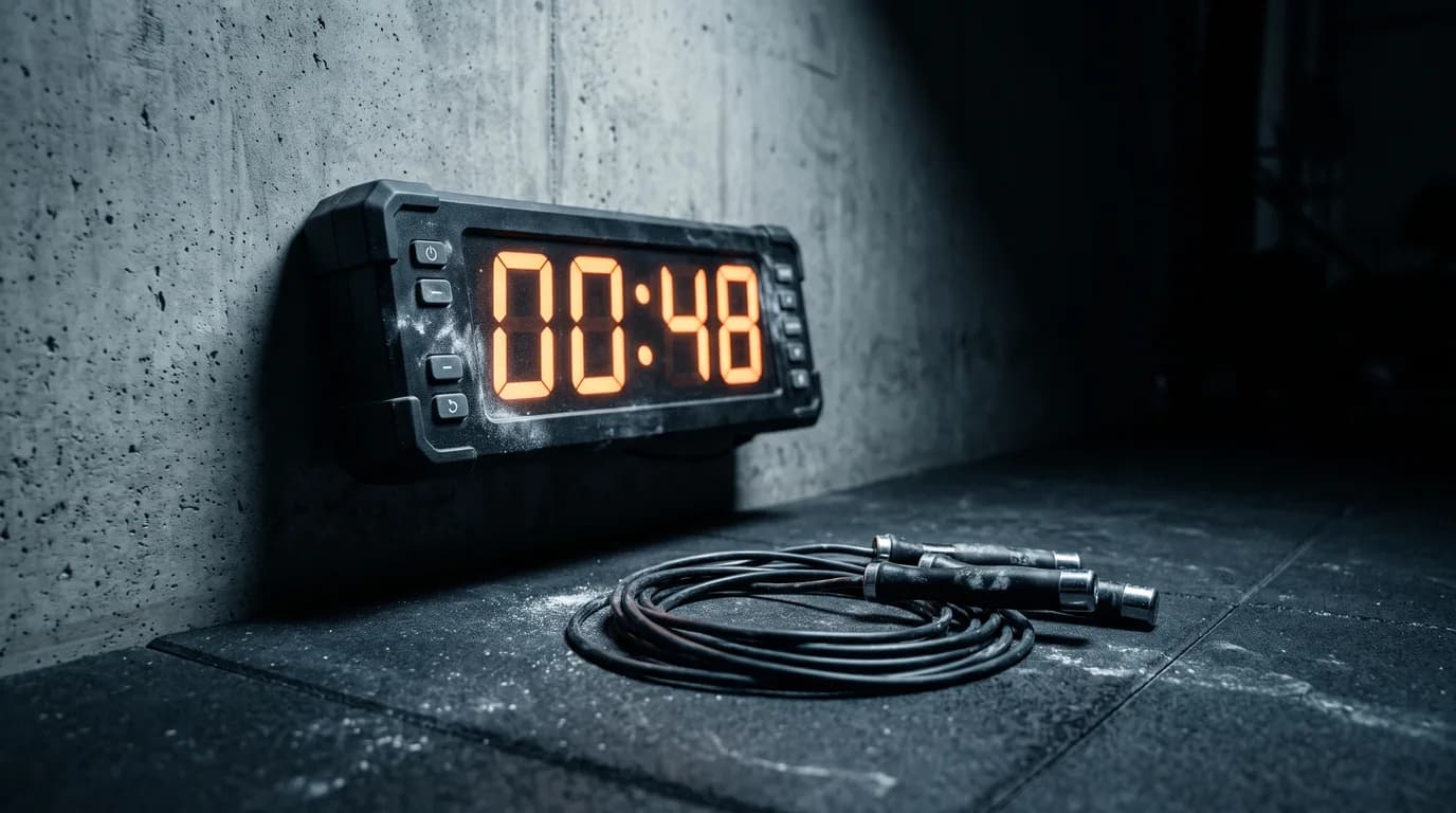 A wall-mounted interval timer glowing mid-count