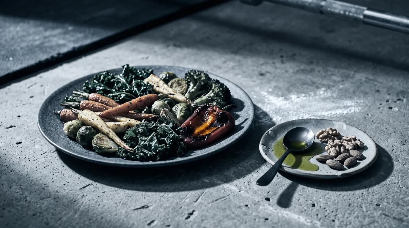 A large plate heaped with vegetables beside a small side plate