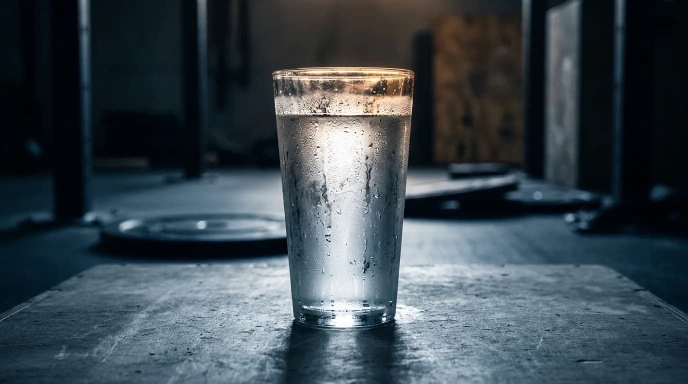 Backlit glass of water with condensation on a dark gym table