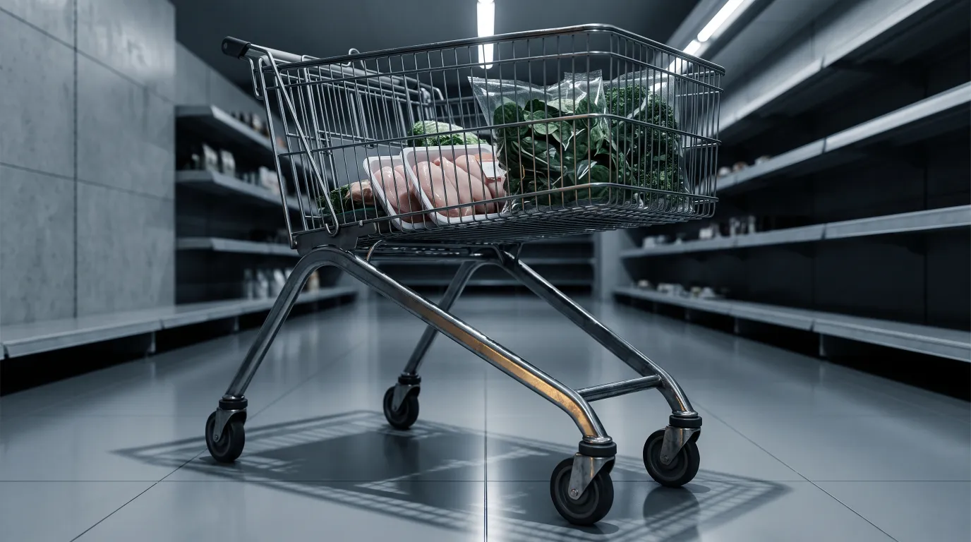 A loaded supermarket trolley in an empty aisle