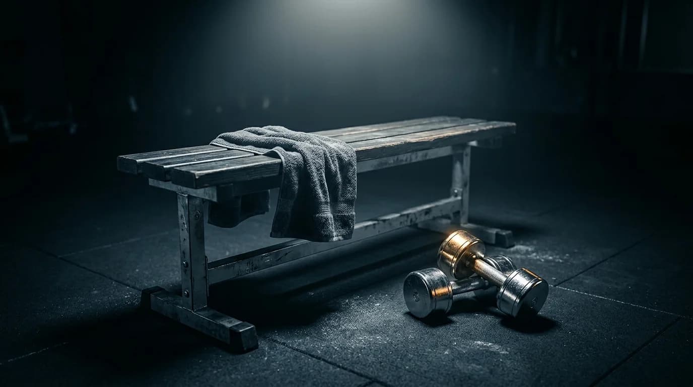 An empty bench with a towel and two dumbbells on the floor beside it