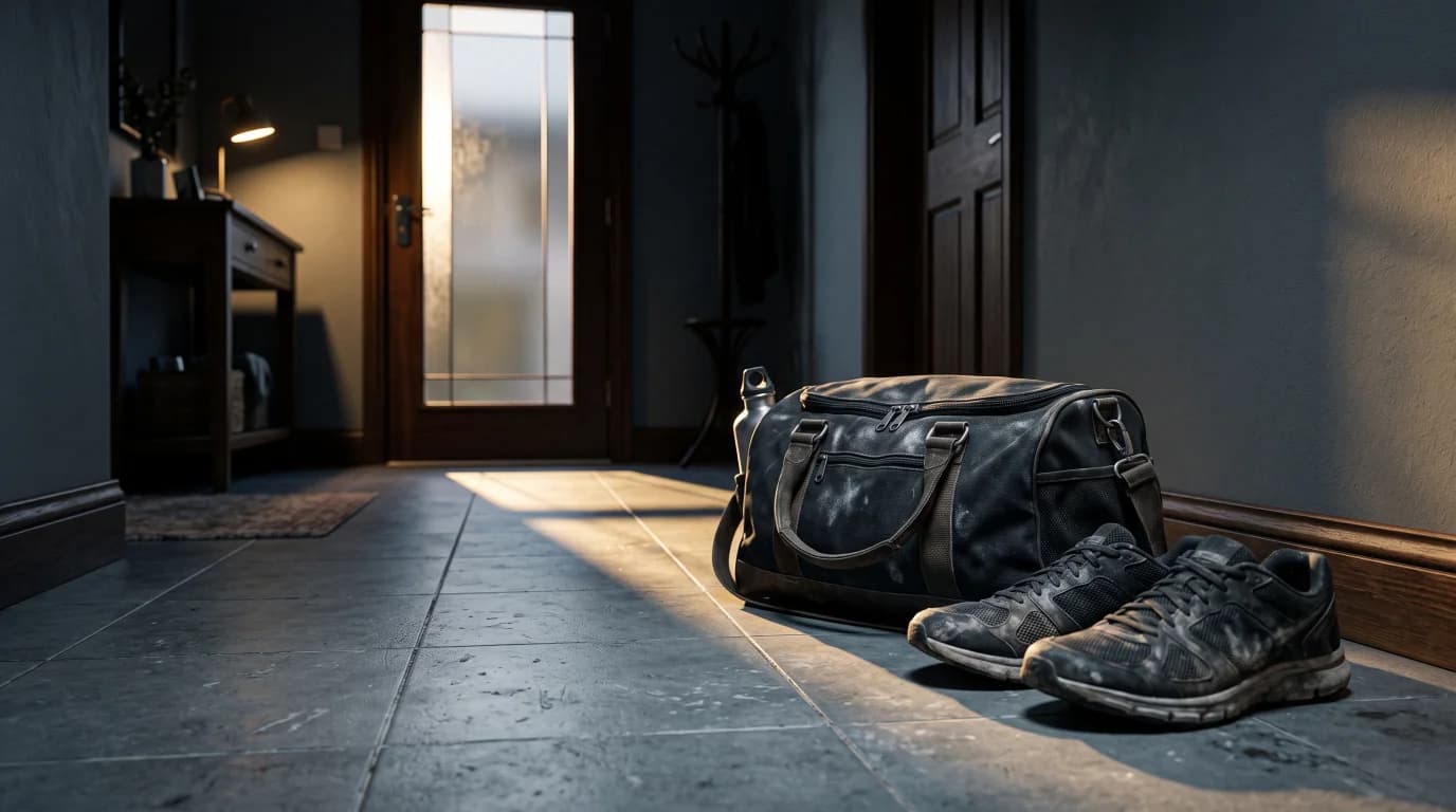 Trainers and a zipped gym bag by the front door in evening light