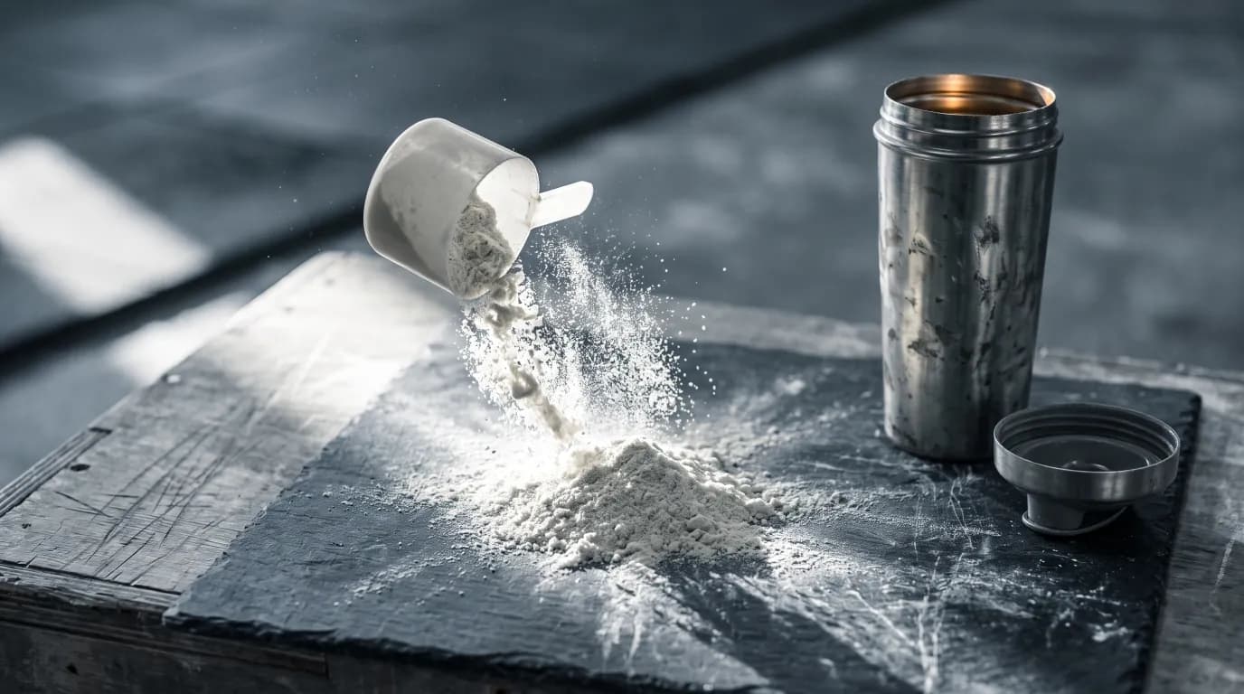 A scoop of protein powder beside a shaker bottle