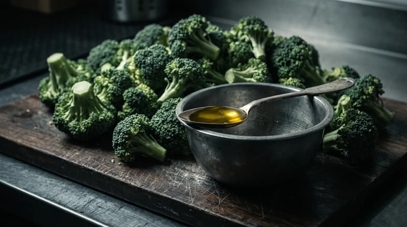 A tablespoon of olive oil beside a pile of raw broccoli