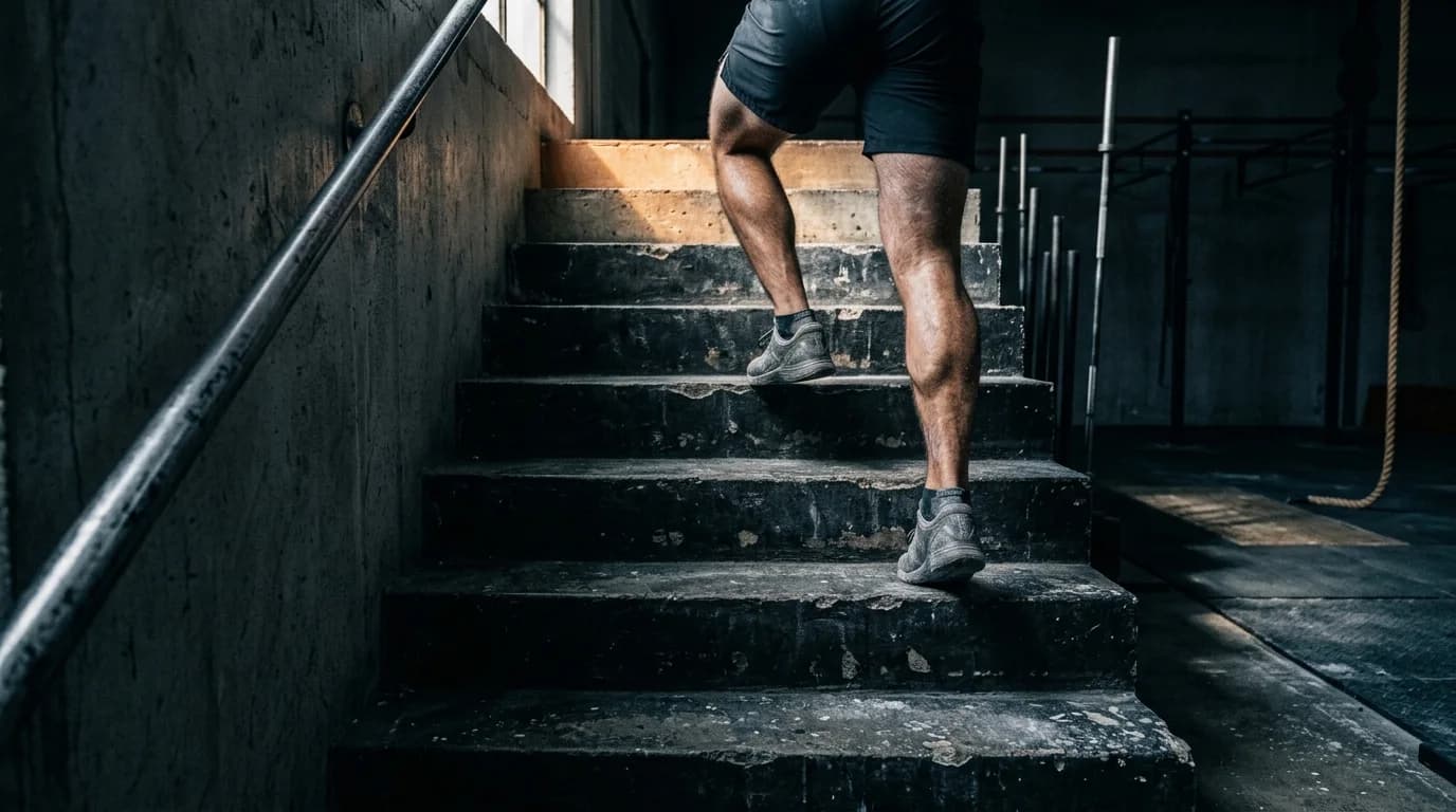 Worn concrete steps with legs climbing at the top of frame